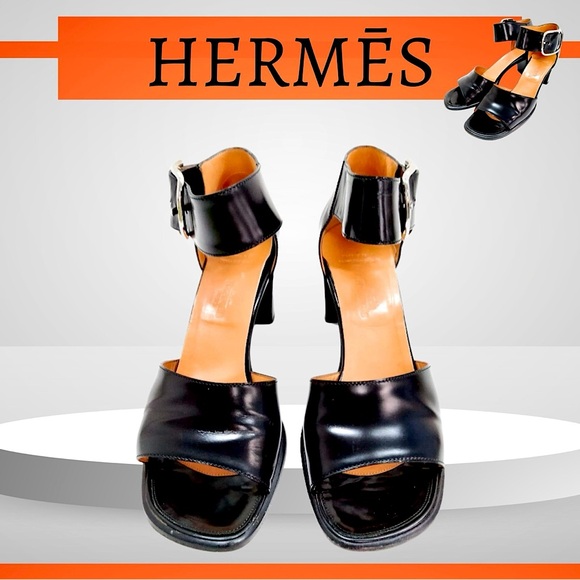 Hermès  Black Calfskin Leather Heeled Sandals Size 37 - Picture 1 of 9